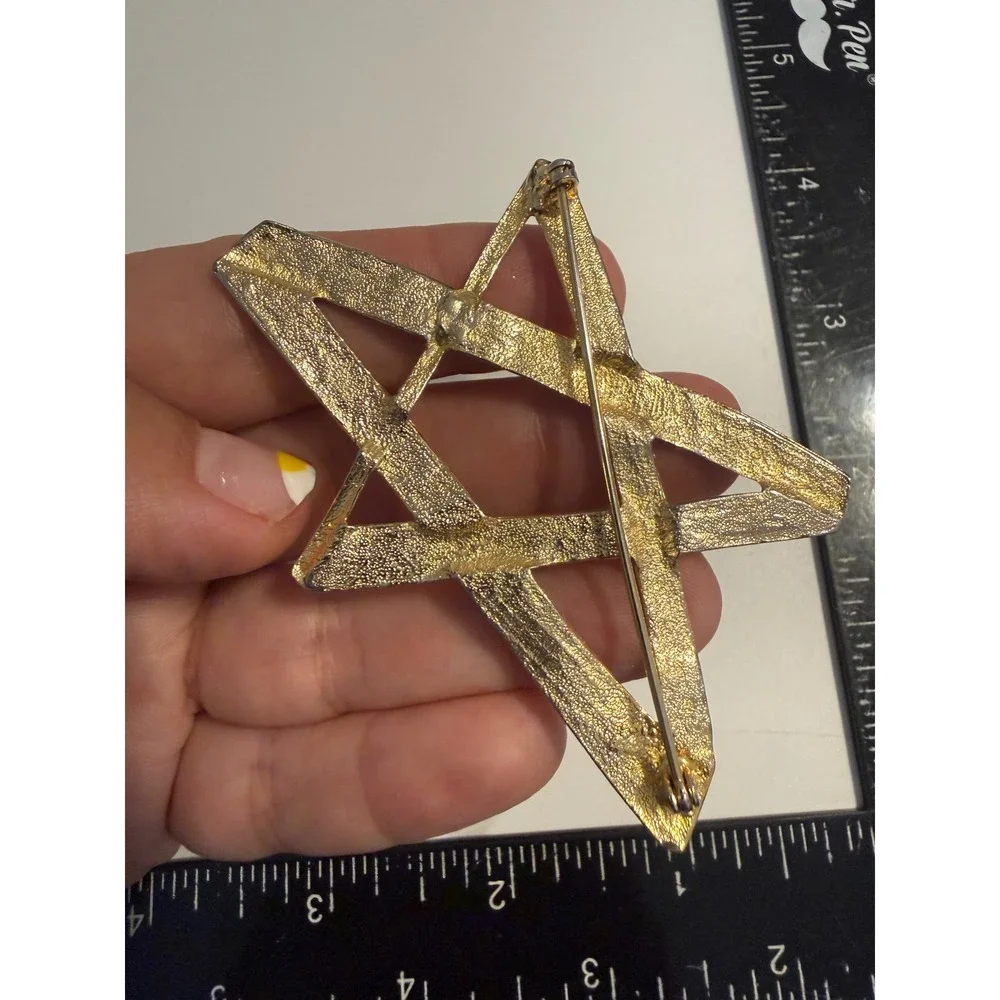 Vintage Two Tone Gold Silver Overlapping Ribbon Star Brooch Large Celestial Pin